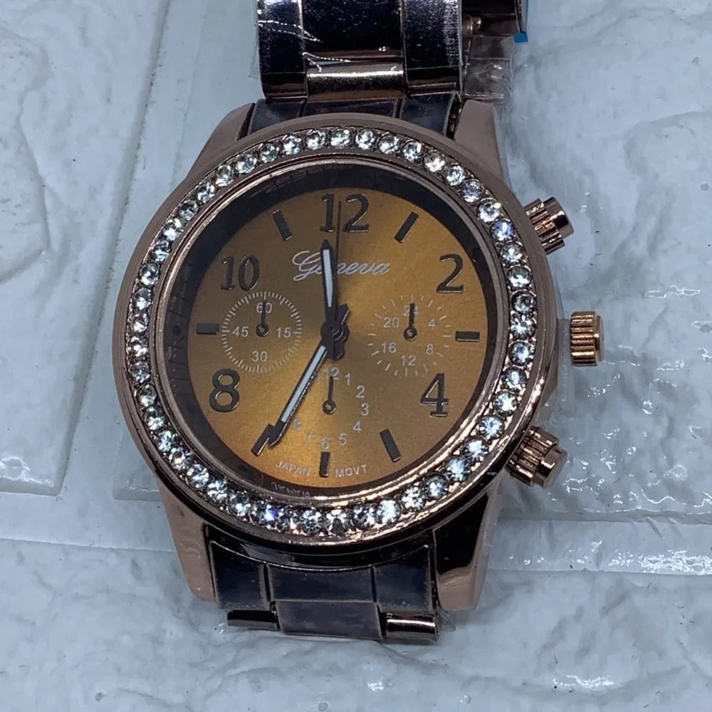 Chocolate Geneva Crystal Rhinestone Chronograph Watch‎ with Metal Link Band